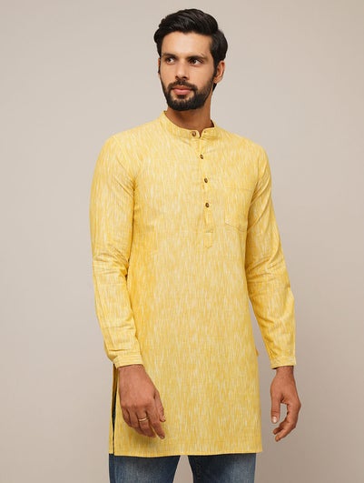 Men Yellow Cotton Ikat Mandarin Collar Regular Fit Kurta - 38