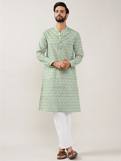 Men Multicolor Block Printed Cotton Long Kurta - 38