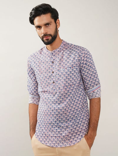 Men Blue Block Print Regular Fit Kurta - 38