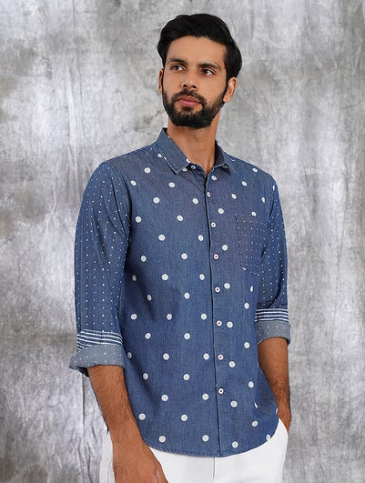 Men Blue Cotton Polka Dots Regular Collar Regular Fit Shirt - 38