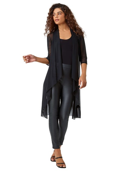 Roman Black 3/4 Sleeve Mesh Longline Kimono