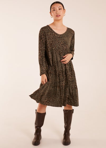 Blue Vanilla Khaki Tiered Leopard Roll Sleeve Smock Dress