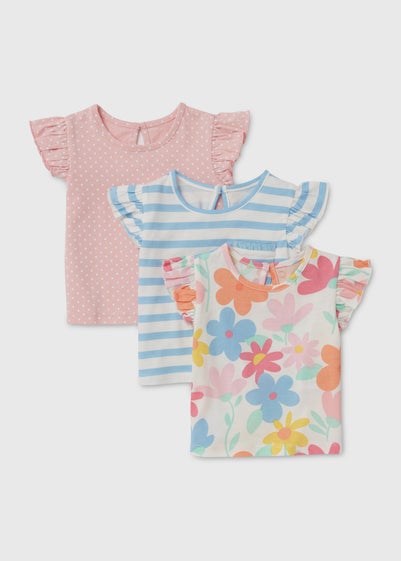 Baby 3 Pack Pink Blue & Cream Floral T-Shirts (Newborn-23mths) - Newborn