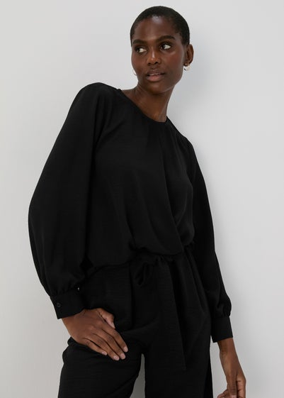 Black Wrap Front Pleat Hem Top