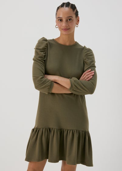 Khaki Puff Sleeve Smock Dress