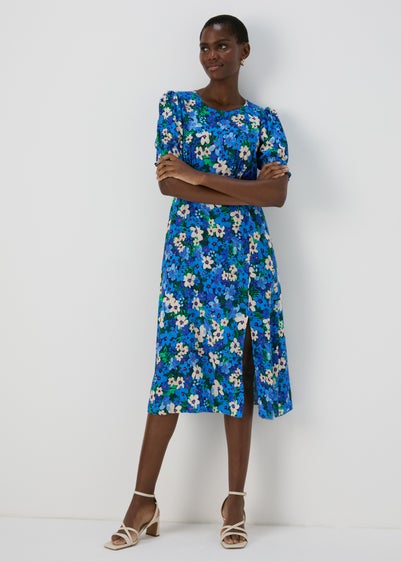 Blue Floral Empire Seam Midi Dress