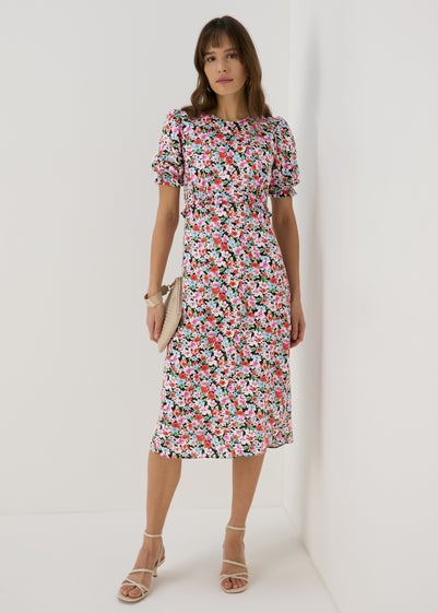 Multicolour Frill Waist Floral Midi Dress - Size 8