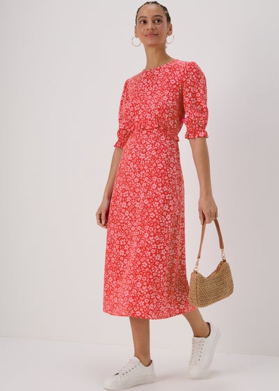 Pink Frill Waist Floral Midi Dress - Size 8