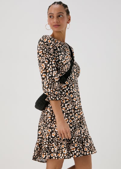 Black Animal Print Frill Cuff Mini Dress