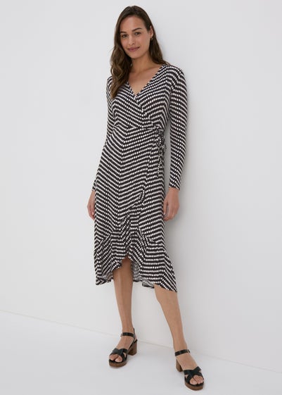 Black Spot Frill Hem Wrap Dress