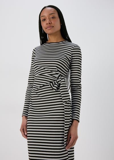 Black Stripe Tie Side Ribbed Midi Dress