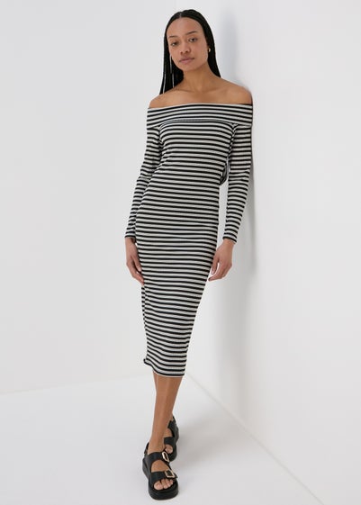 Black Stripe Ribbed Bardot Dress