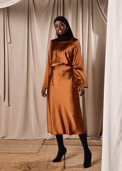 Rust Satin Belted Midi Dress