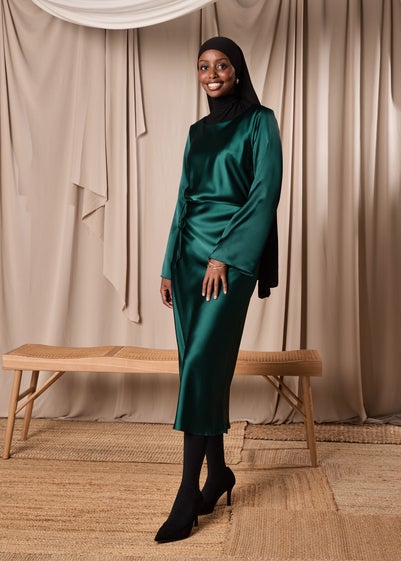 Green Satin Belted Midi Dress