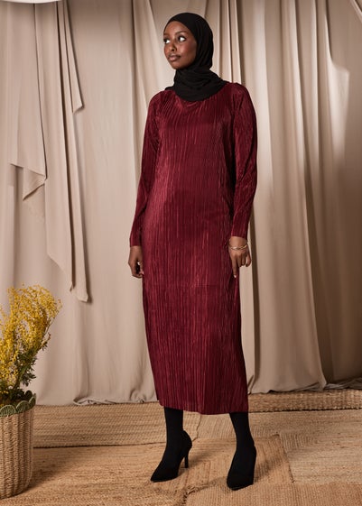 Burgundy Plisse Column Dress