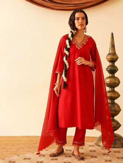 Women Red Cotton Silk Embroidered V Neck Straight Kurta With Pant