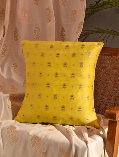 Yellow Chanderi Banarasi Cushion Cover