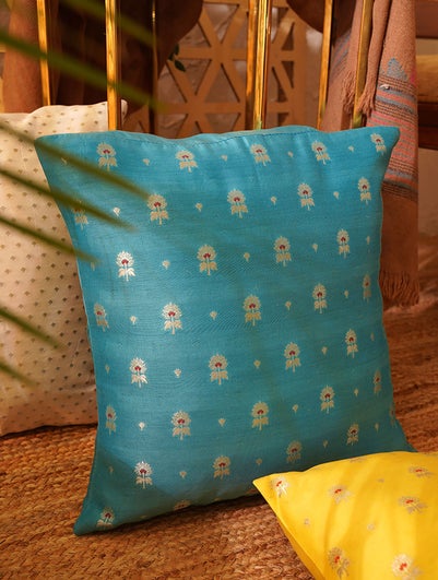 Turquoise Blue Chanderi Banarasi Cushion Cover