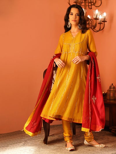 Women Mustard Yellow Cotton Silk V Neck Flared Kurta , Slip & Churidar