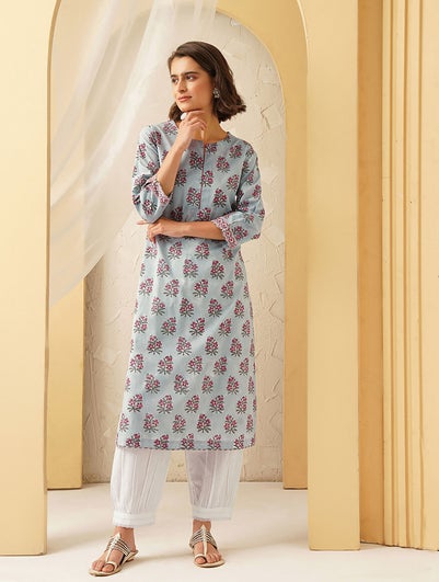 Women Blue Cotton Block Print Round Neck Straight Fit Kurta