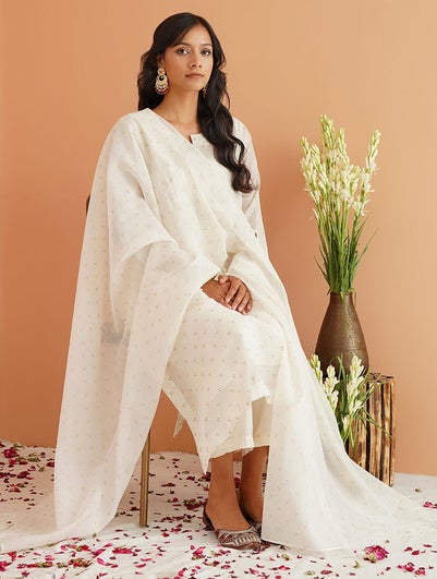 Women Ivory Cotton Silk Khadi Collection Dupatta