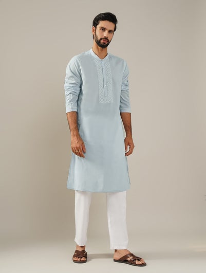 Men Blue Cotton Chikankari Mandarin Collar Straight Fit Kurta