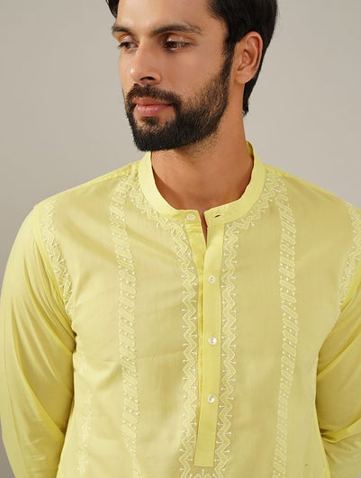 Men Lime Green Cotton Chikankari Mandarin Collar Straight Fit Kurta