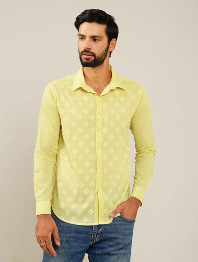 Men Lime Green Cotton Embroidered Shirt Collar Regular Fit Shirt