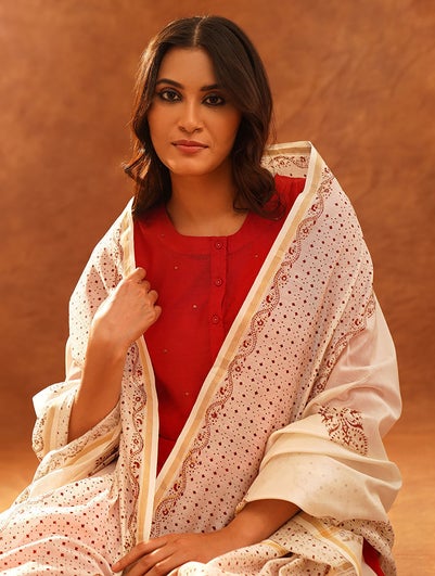 Women White Cotton Silk Block Print Dupatta