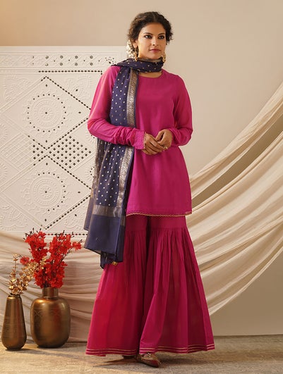 Women Pink Cotton Silk Embroidered Round Neck Straight Kurta With Pant - M