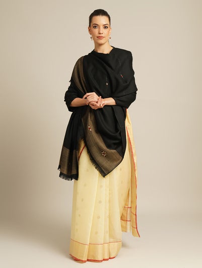 Women Black Wool Hand Embroidery Shawl