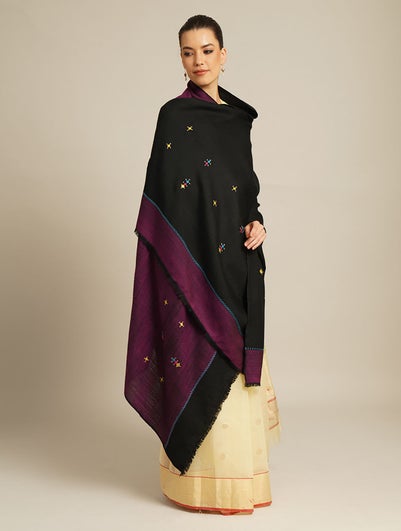 Women Black Wool Hand Embroidery Shawl