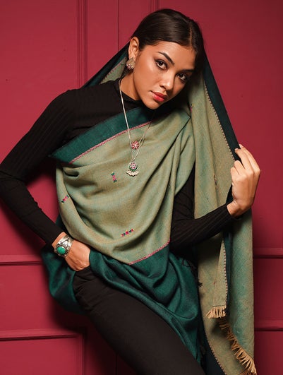 Women Green Wool Hand Embroidery Shawl