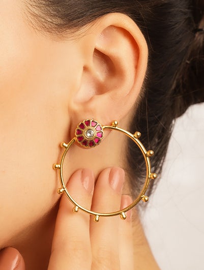 Women Gold Push Back Sterling Silver, Ruby, Kundan Earring