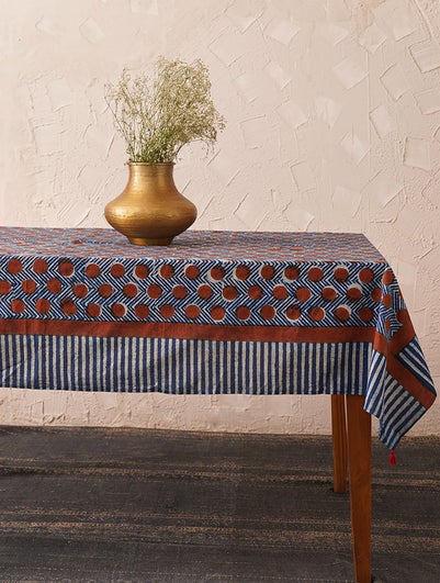 Indigo Blue Cotton Rectangle Block Print Table Cloth