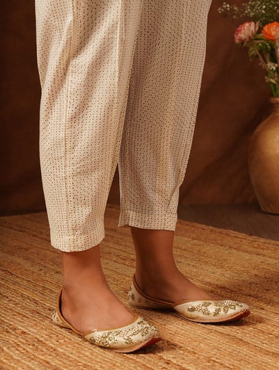 Women Ivory Cotton Printed Ankle Length Pant