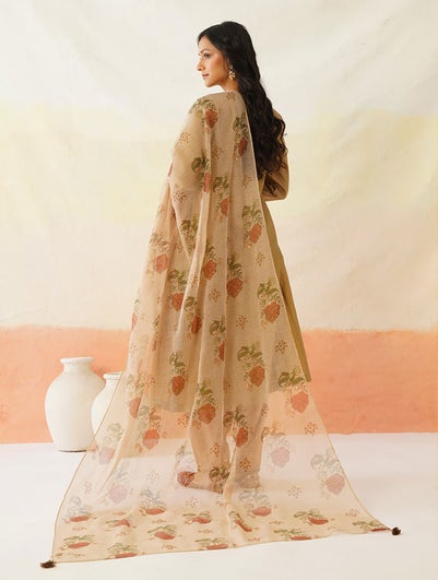 Women Beige Brown Kota Silk Printed Collection Dupatta