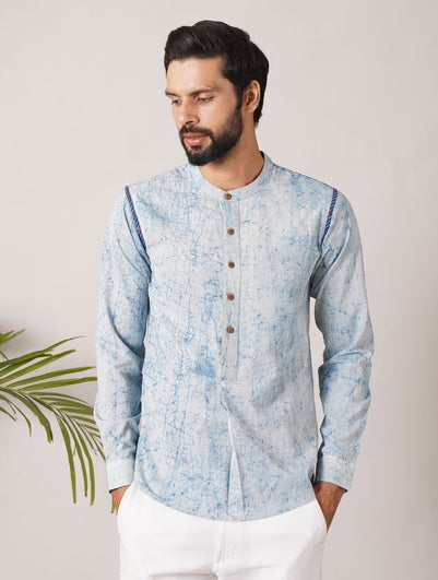 Men Indigo Blue Cotton Dabu Round Neck Regular Fit Kurta