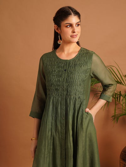 Women Olive Green Cotton Silk Round Neck Flared Kurta