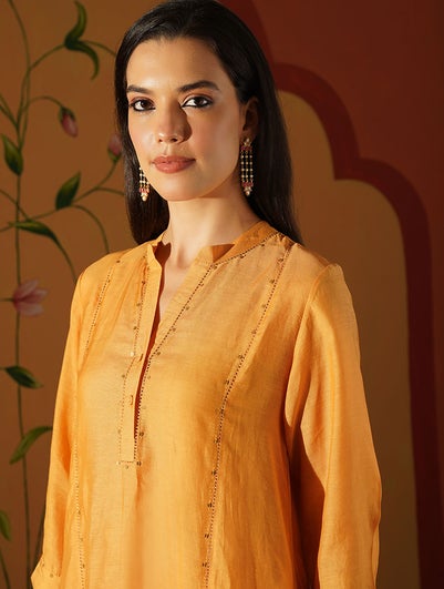 Women Mustard Yellow Viscose Linen Embroidered Mandarin Collar Straight Fit Kurta