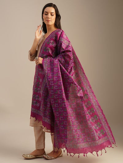 Women Pink Tussar Silk Block Print Dupatta