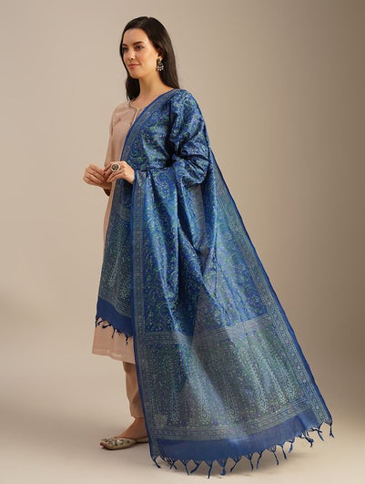 Women Blue Tussar Silk Block Print Dupatta