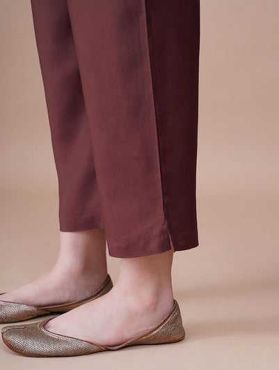 Women Wine Purple Viscose Solid Ankle Length Regular Fit Pant