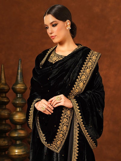 Women Black Velvet Hand Embroidery Shawl