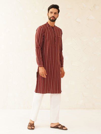 Men Red Cotton Mandarin Collar Straight Fit Kurta