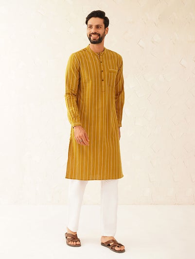 Men Mustard Yellow Cotton Mandarin Collar Straight Fit Kurta