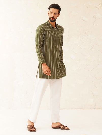 Men Green Cotton Shirt Collar Straight Fit Kurta