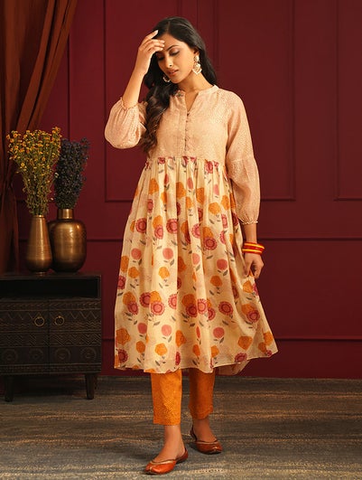 Women Multicolour Cotton Silk Block Print Mandarin Collar Flared Kurta - XS