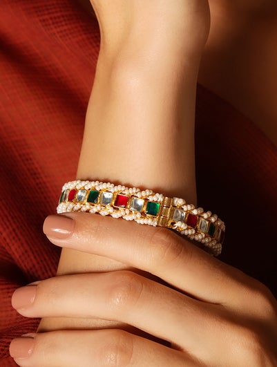 Women Red And Green Pachi Kundan Openable Bangle