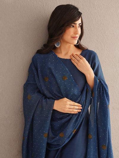 Women Blue Cotton Silk Hand Block Print Collection Dupatta